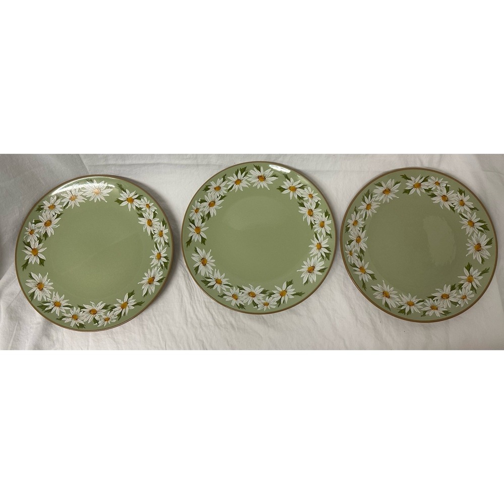 Taylor Smith Taylor Lazy Daisy Dinner Plates 10.5" MCM Vtg 60s Avocado Green Set